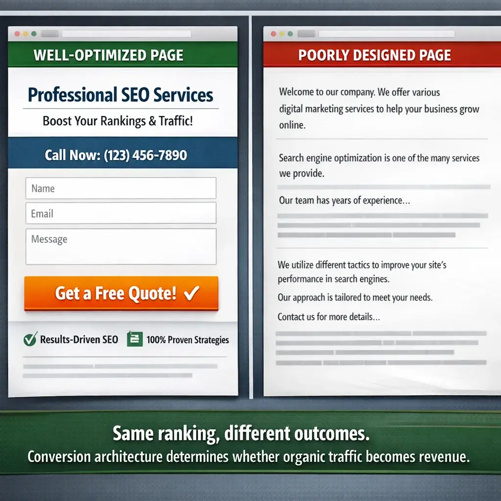Split-screen comparing high-converting vs poor service page layouts, key factor when evaluating cheapest SEO services ROI.