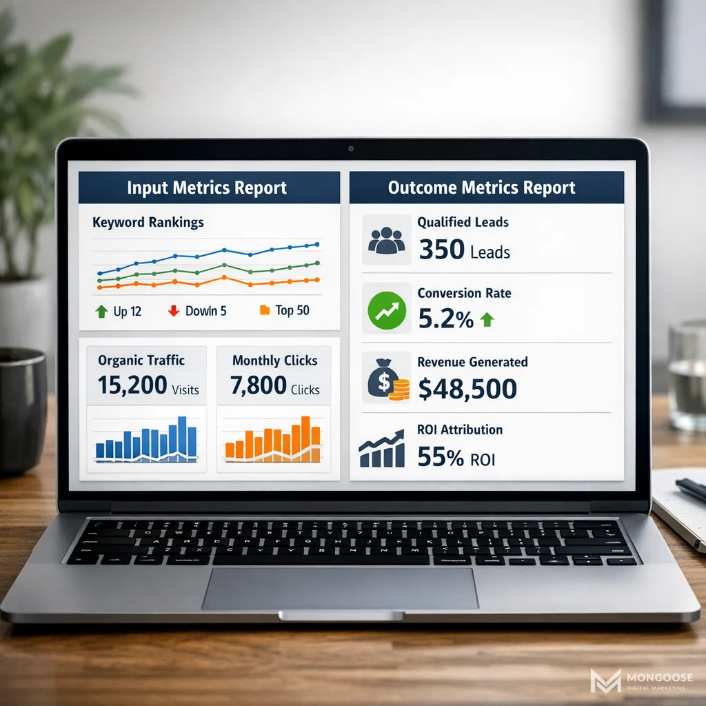 Illustration: Side-by-side dashboard comparison of input vs. outcome metrics for digital marketing SEO services on a laptop screen.