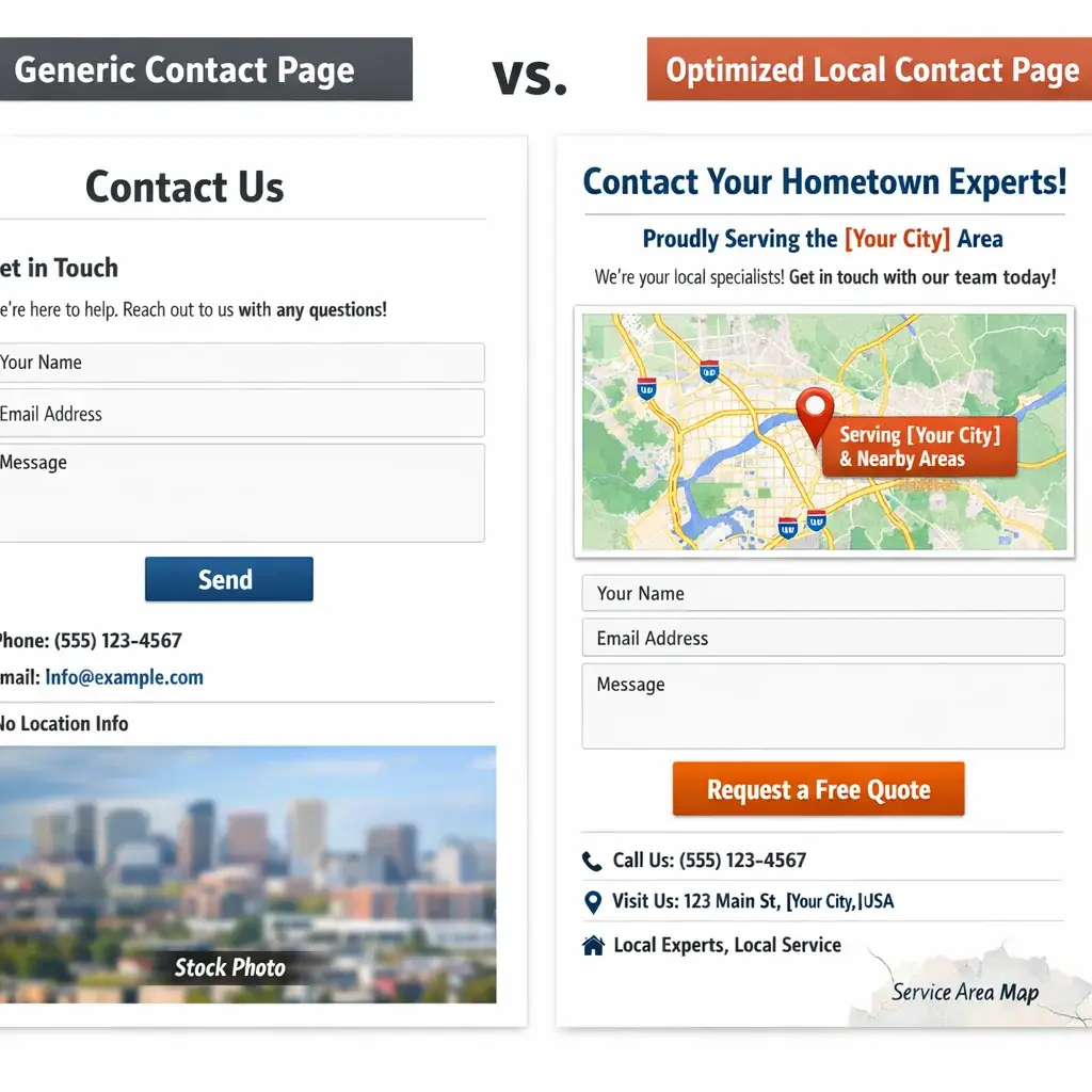 Side-by-side comparison of a generic vs. locally optimized contact page design for a small business website.