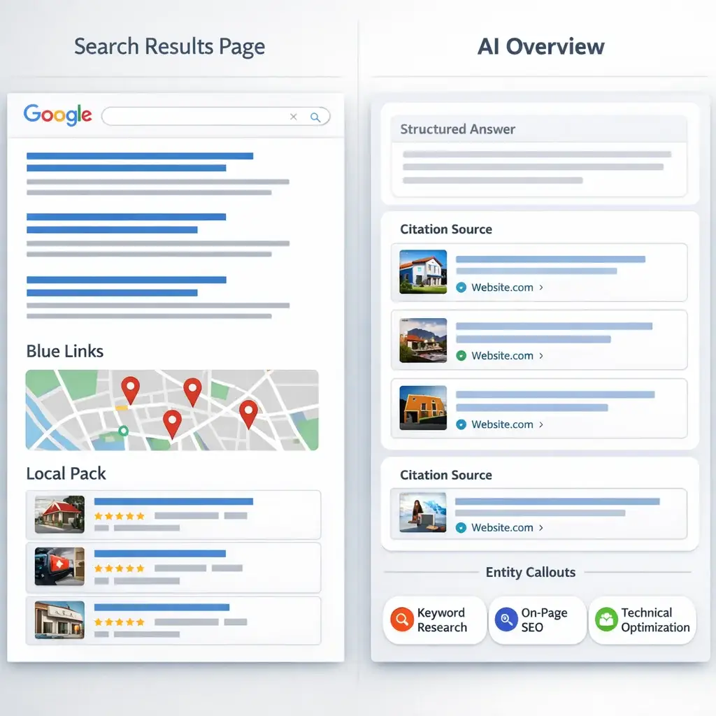 Side-by-side comparison of traditional Google search results vs AI Overview panel, key for modern SEO consulting services str