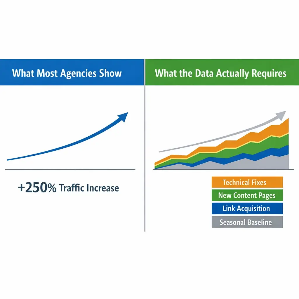 Split-screen chart comparing simplified vs. segmented site SEO services attribution data across technical, content, links, an