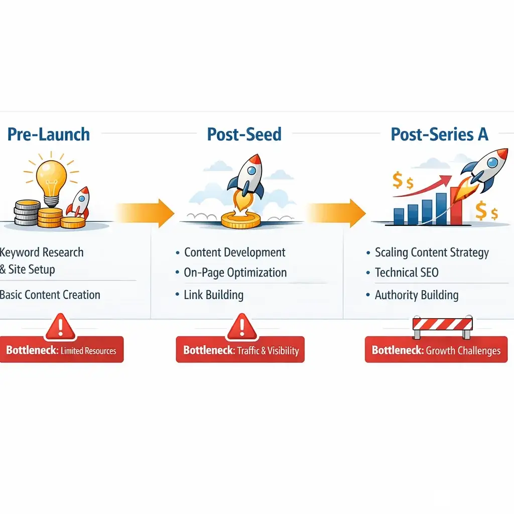 Illustration: Three-stage diagram mapping startup SEO services across Pre-Launch, Post-Seed, and Post-Series A funding phases with key bott