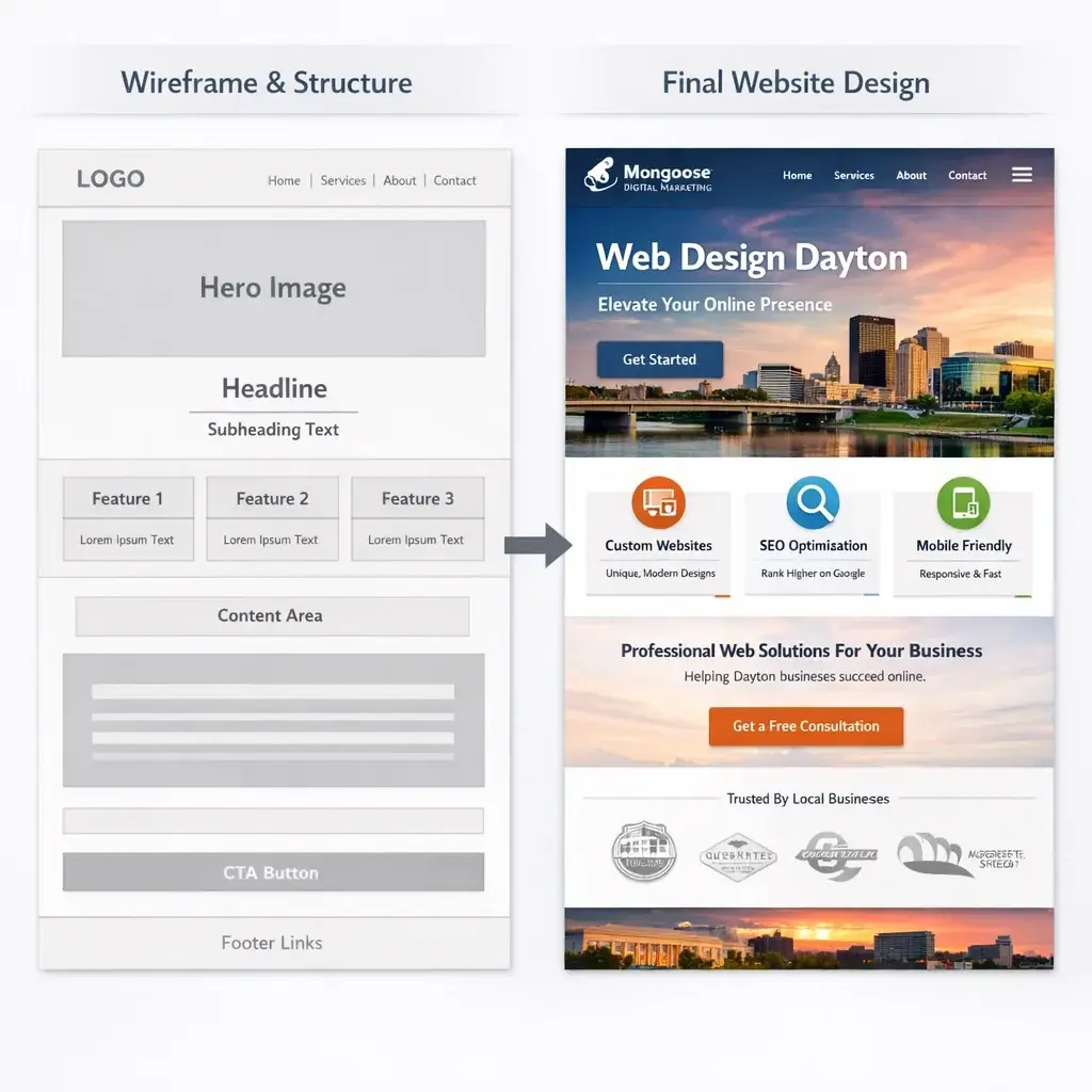 Side-by-side comparison of a website wireframe and finished design, showing the web design process used by a Dayton agency.