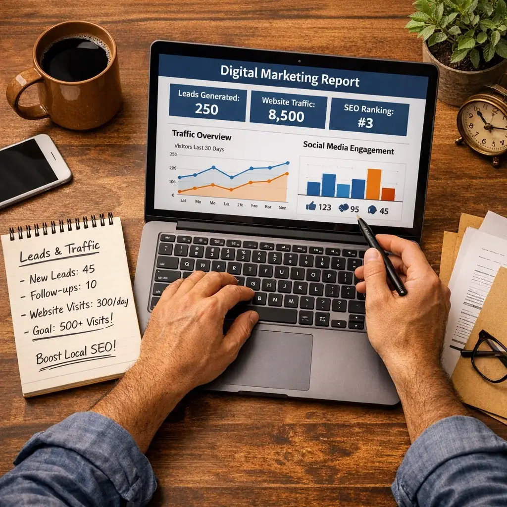 Small business owner reviewing digital marketing performance report on laptop with handwritten notes on leads and traffic.