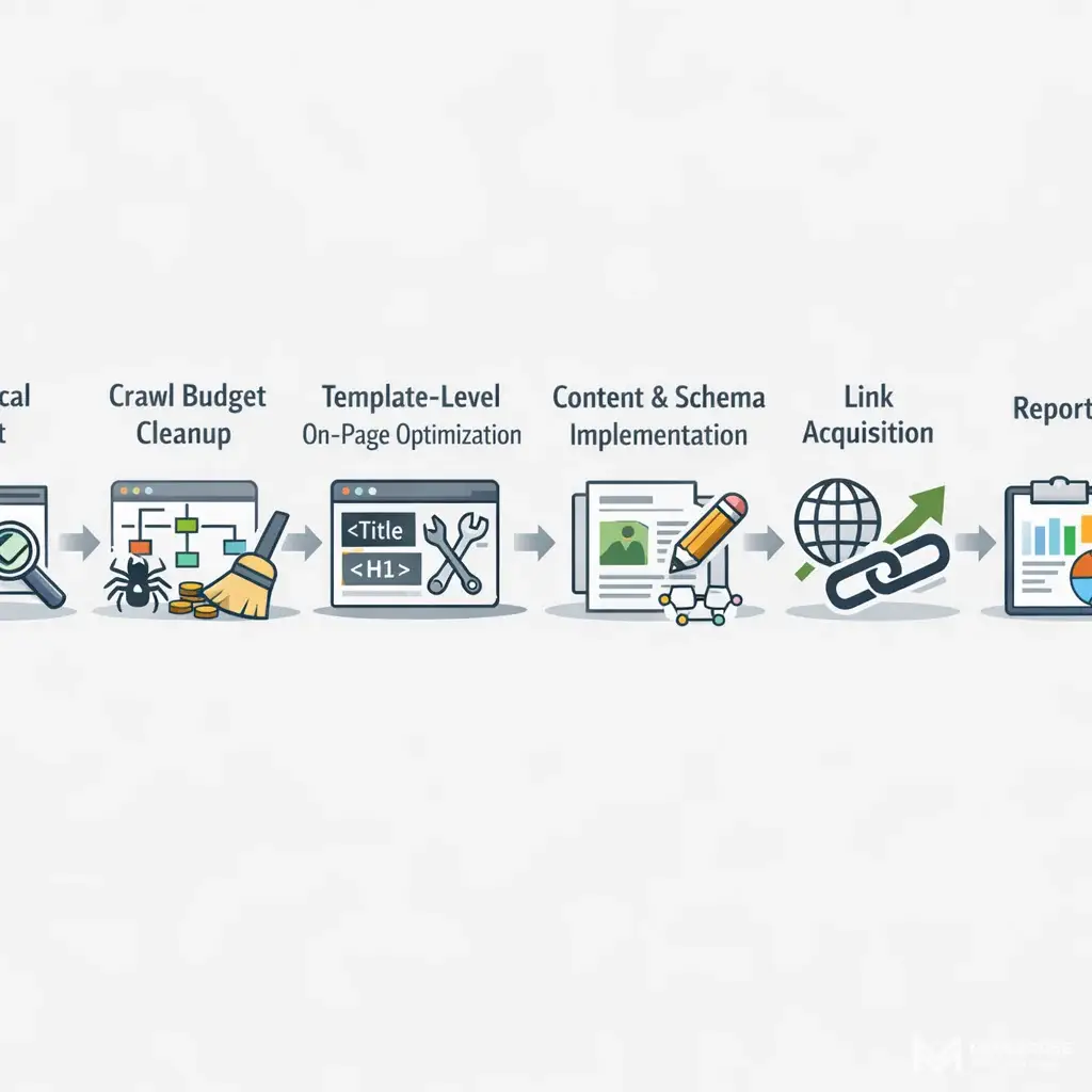Illustration: Six-stage WordPress SEO services workflow diagram: Technical Audit through Reporting connected by directional arrows.